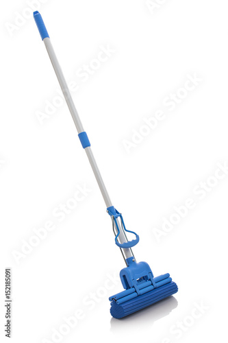 Cleaning floor with mop isolated on white