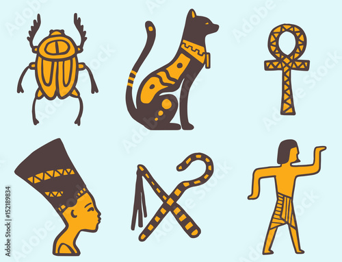 Egypt travel history sybols hand drawn design traditional hieroglyph vector illustration style.