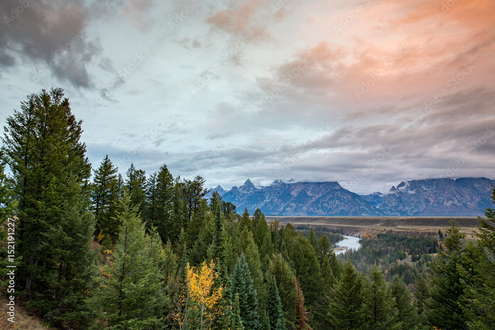 Sunrise on a cloudy day in Grand Teton National Park.