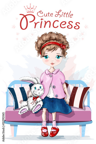 Cute little girl with toy. Pretty child girl. Hand drawn girl sitting on bench. Sketch. Vector illustration. 