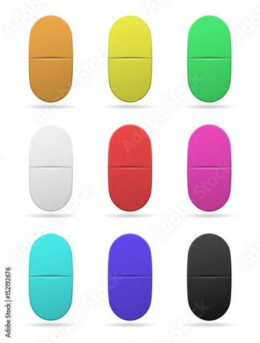 Medicinal tablets. Set of oval tablets of different colors. Isolated objects on white background. Vector.