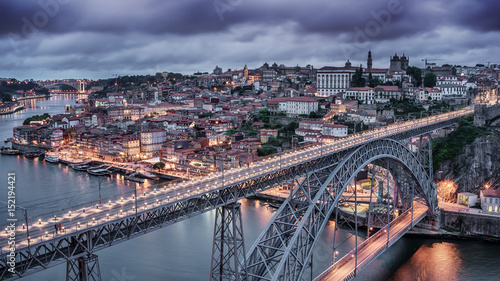 Porto, Portugal: the Dom Luis I Bridge and the old town at night
