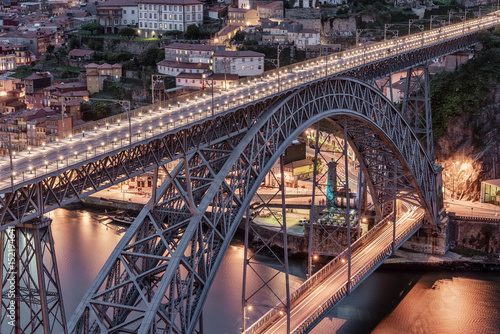 Porto, Portugal: the Dom Luis I Bridge and the old town at night
 photo