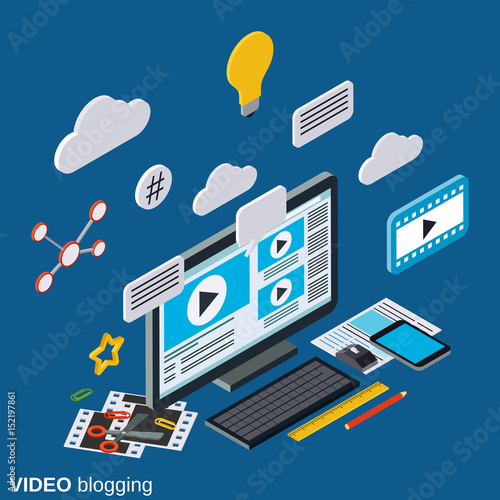 Video blogging flat 3d isometric vector concept illustration