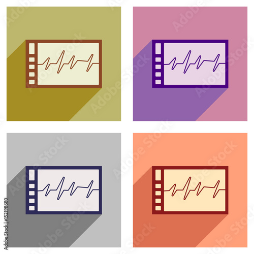 Set of flat icons with long shadow cardiogram