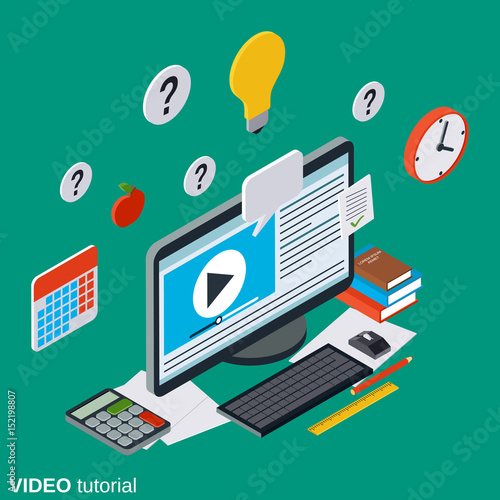 Video tutorial, e-learning, online education, user guide flat isometric vector concept