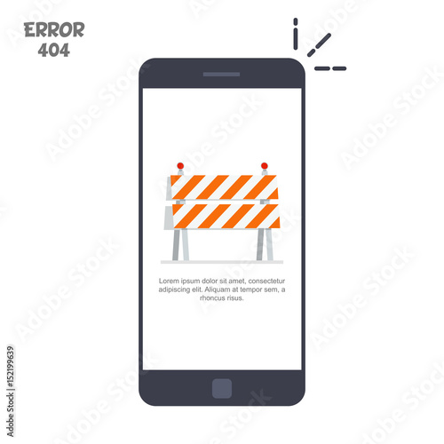 Mobile phone with a picture of a construction cone or fence. The concept of error 404 on an electronic device. Vector illustration in a flat style isolated on a white background.
