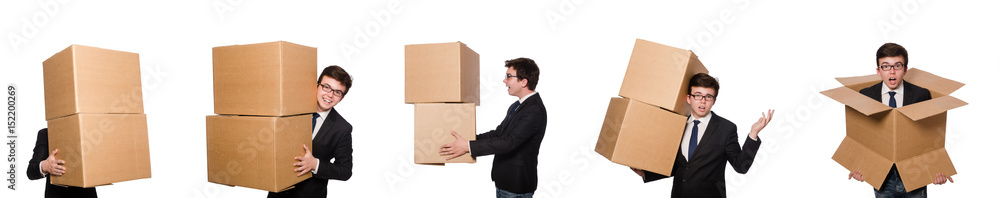 Funny man with boxes isolated on white Funny man with boxes isolated on white