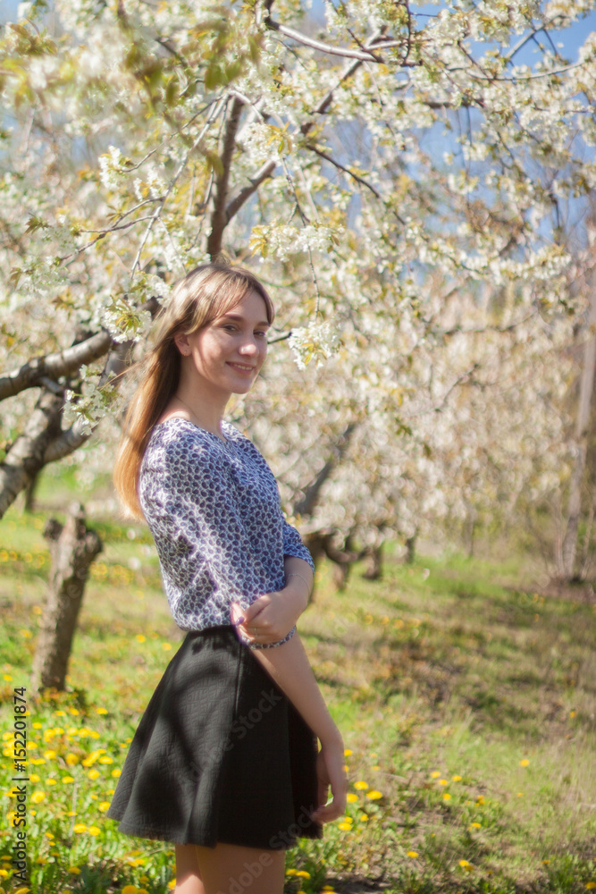 Portrait of beautiful young woman in apple trees blooming park on a sunny day. Smiling girl Happy girl. Happiness concept. Portrait of beautiful young woman in apple trees blooming park on a sunny day. Smiling girl Happy girl. Happiness concept.