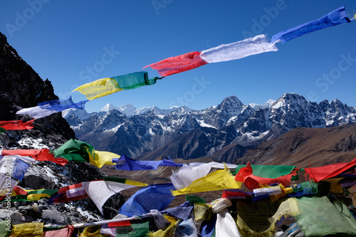 Landscape of Himalayan range after reaching top of Kongma La Pass at 5530 meters above sea level in Himalaya, Nepal photo