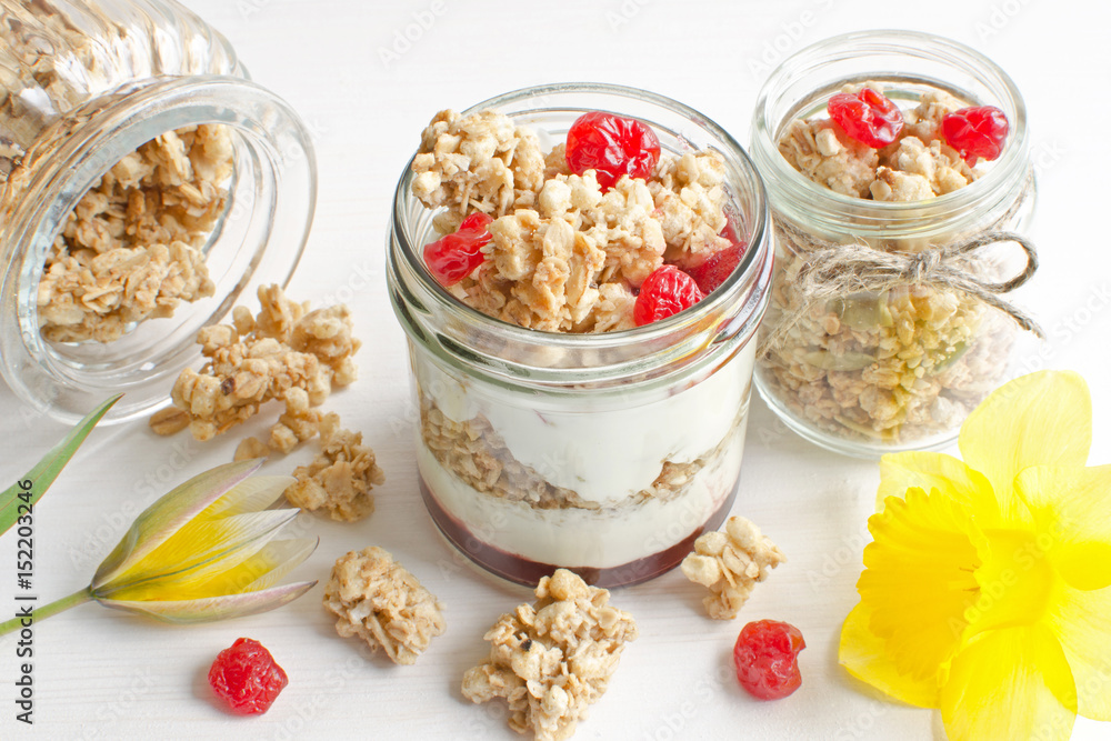 Greek yogurt with cherry jam and granola Greek yogurt with cherry jam and granola