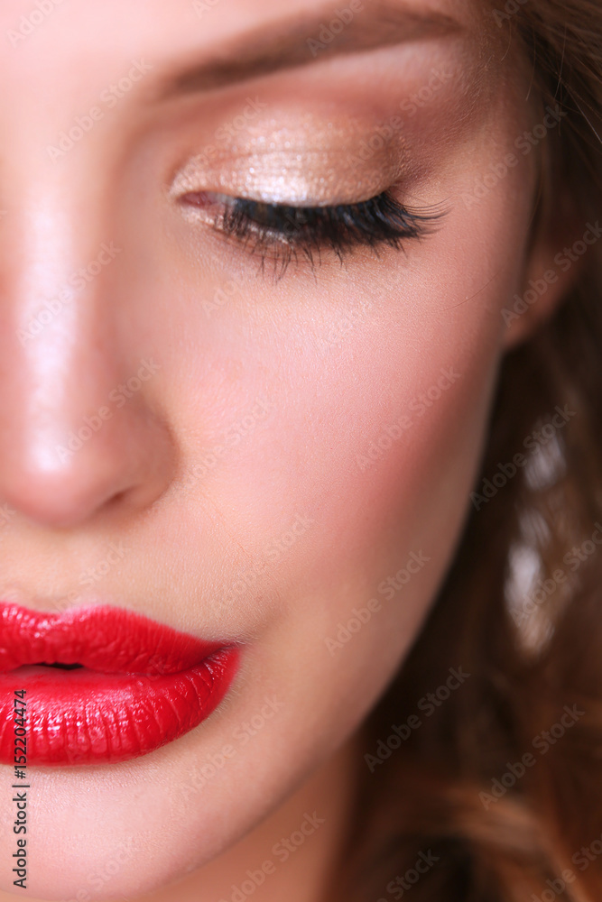 Fototapeta premium Beautiful woman skin with red lips on white background