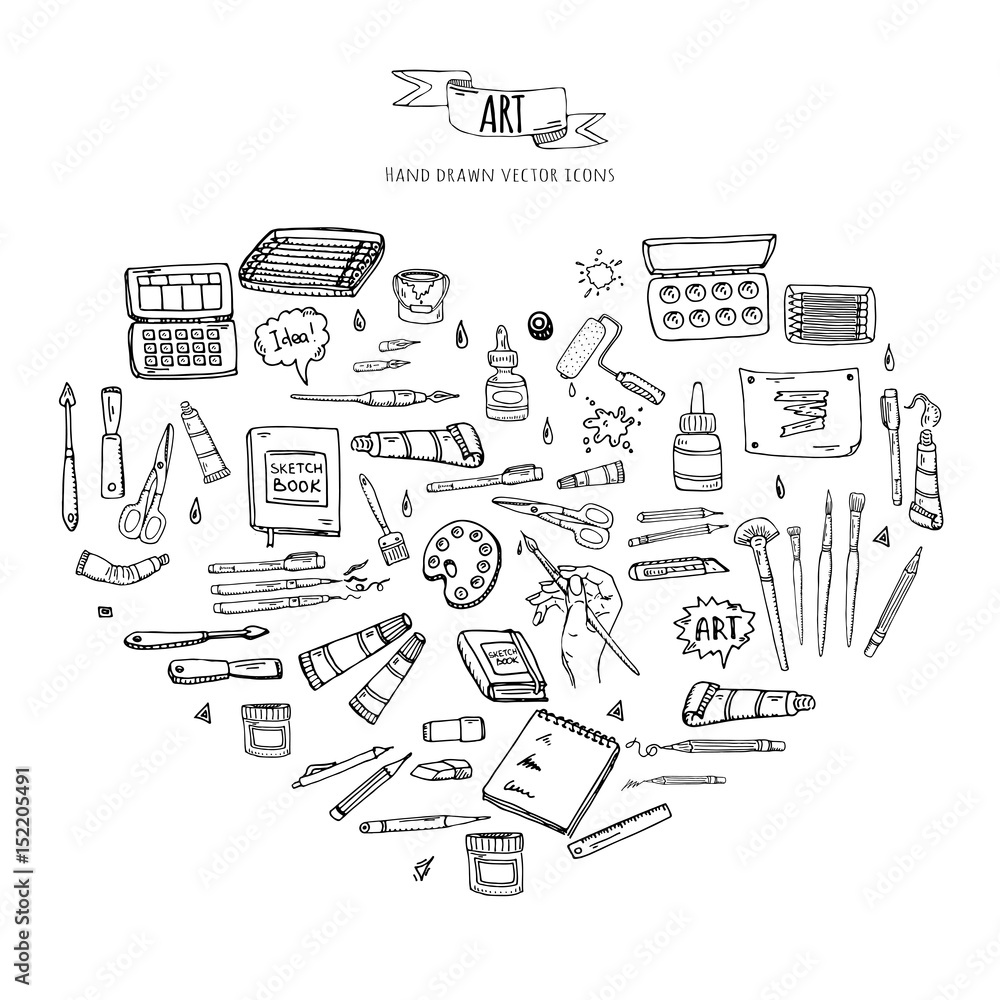 Hand drawn doodle Art and Craft tools icons set Vector illustration art instruments symbols collection Cartoon various artistic tools Brush Watercolor Paint Artist elements on white background Sketch Hand drawn doodle Art and Craft tools icons set Vector illustration art instruments symbols collection Cartoon various artistic tools Brush Watercolor Paint Artist elements on white background Sketch