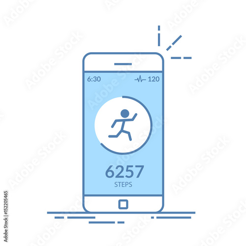 Application on the mobile phone to track the steps, the pedometer. App for morning jogging or fitness. The concept of the interface design of the apps. Isolated thin line illustration.