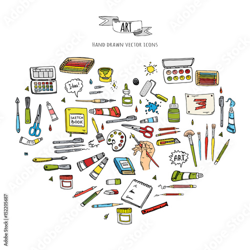 Hand drawn doodle Art and Craft tools icons set Vector illustration art instruments symbols collection Cartoon various artistic tools Brush Watercolor Paint Artist elements on white background Sketch