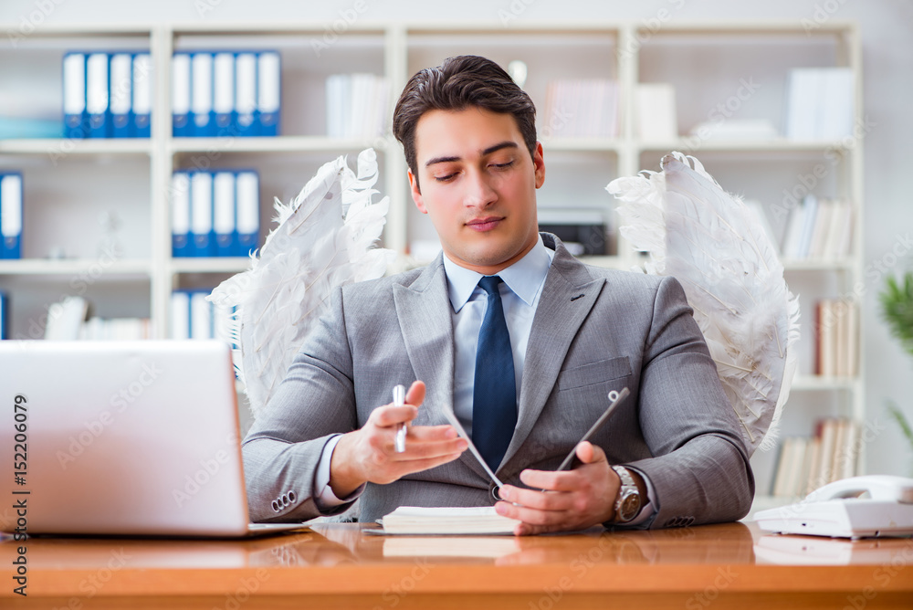 Angel investor concept with businessman and wings Angel investor concept with businessman and wings