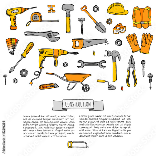 Hand drawn doodle Construction tools set Vector illustration building icons House repair icons concept collection Modern sketch style labels of house remodel gear elements and symbols Home repair tool