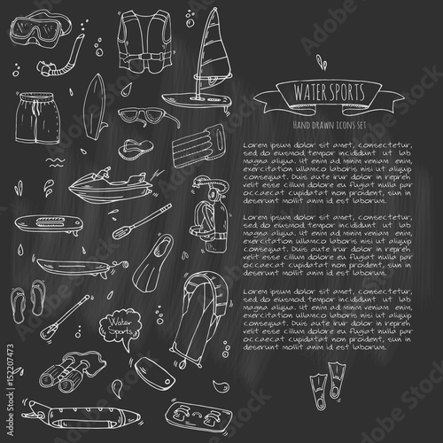 Hand drawn doodle Water sports icons set. Vector illustration, isolated symbols collection, Cartoon various elements: jetski, wakeboard, waterski, surfing, kayak, kitesurfing, paddle, parasailing