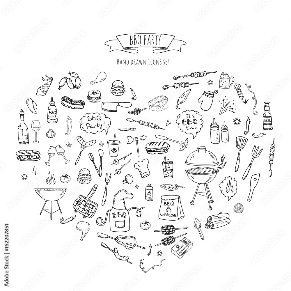 Hand drawn doodle BBQ party icons set Vector illustration summer barbecue symbols collection Cartoon various meals, drinks, ingredients and decoration elements on white background Sketch Hand drawn doodle BBQ party icons set Vector illustration summer barbecue symbols collection Cartoon various meals, drinks, ingredients and decoration elements on white background Sketch