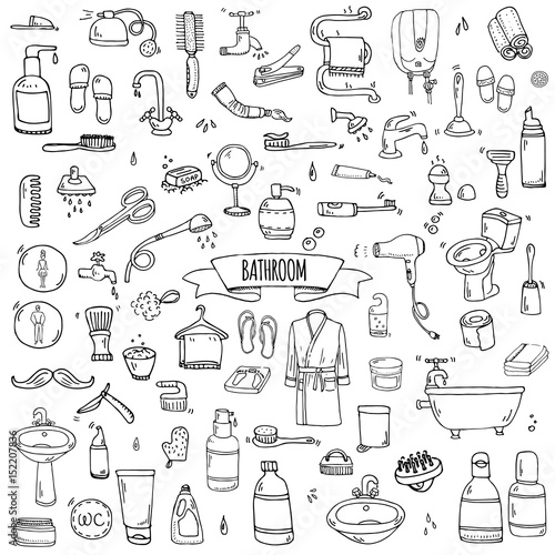 Hand drawn doodle Bathroom related icons set Vector illustration home bath symbols collection Cartoon elements on white background Sketch Toilet Sink Shower Bathtub Lavatory Towel Robe Slippers Fan