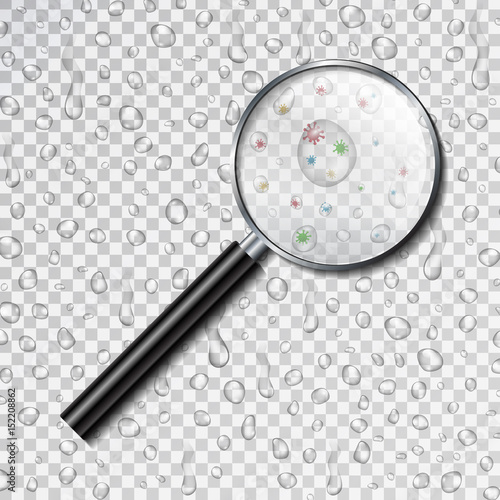 Vector realistic isolated magnifying glass and water droplets on the transparent background. Concept of water contamination, pollution, scientific research for bacteria and water purification.