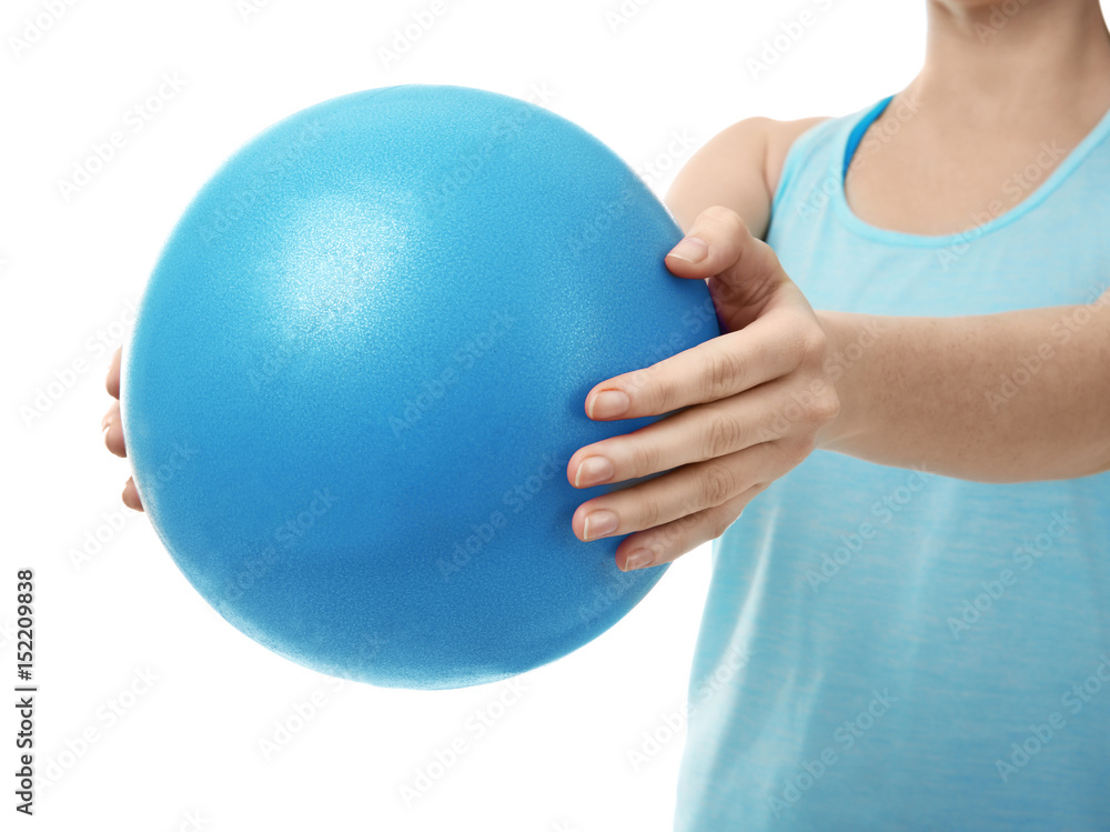 Woman with rubber ball on white background, closeup Woman with rubber ball on white background, closeup