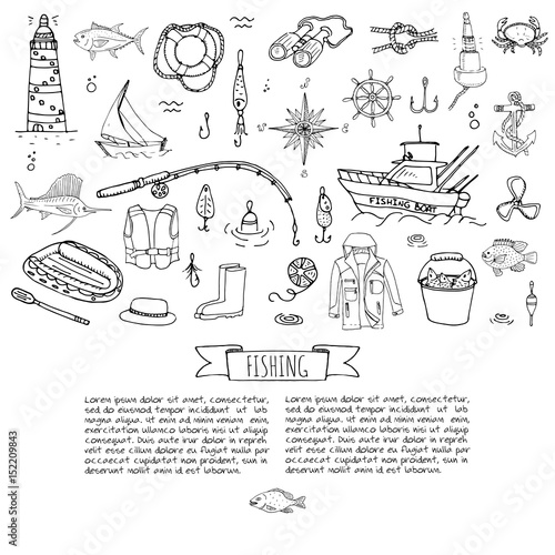 Hand drawn doodle Fishing icons set Vector illustration fishing equipment elements collection Cartoon fish catching concept Rod Baits Spinning Lure Boat Lighthouse Fishing cloth Inflatable Marlin