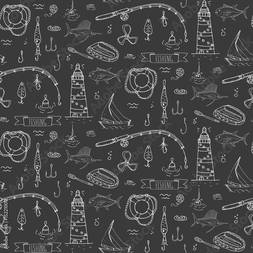 Seamless pattern hand drawn doodle Fishing icons set. Cartoon vector illustration. Fish catching equipment elements collection Rod Baits Spinning Lure Boat Lighthouse Fishing cloth Inflatable Marlin
