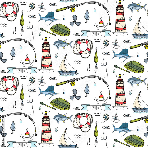 Seamless pattern hand drawn doodle Fishing icons set. Cartoon vector illustration. Fish catching equipment elements collection Rod Baits Spinning Lure Boat Lighthouse Fishing cloth Inflatable Marlin