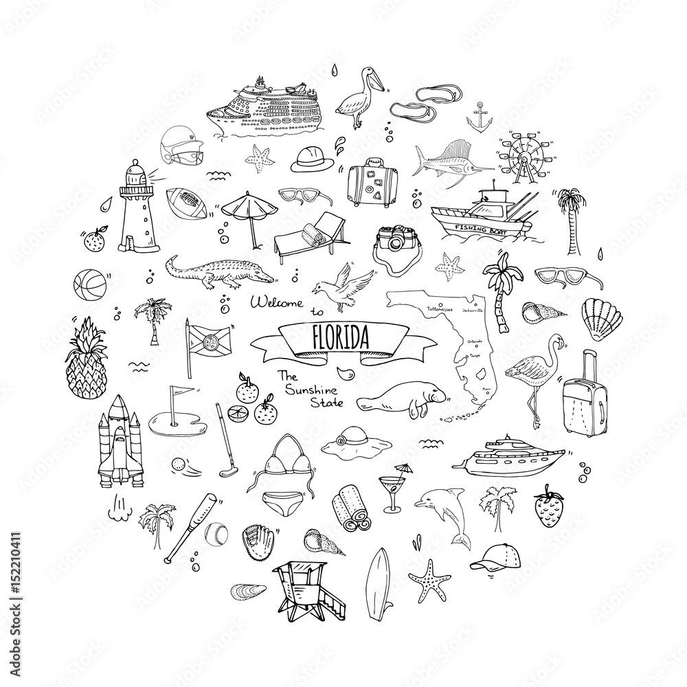 Hand drawn doodle Florida icons set. Vector illustration, isolated symbols collection of USA state, Cartoon elements Alligator Manatee Yacht Cruise sheep Fishing boat Golf American football Palm trees Hand drawn doodle Florida icons set. Vector illustration, isolated symbols collection of USA state, Cartoon elements Alligator Manatee Yacht Cruise sheep Fishing boat Golf American football Palm trees