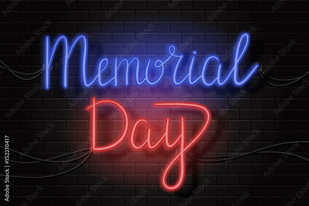 Vector lettering for Memorial Day holiday in neon design. Calligraphy decoration for greeting card, poster, decoration and covering. Concept of Happy Memorial Day.