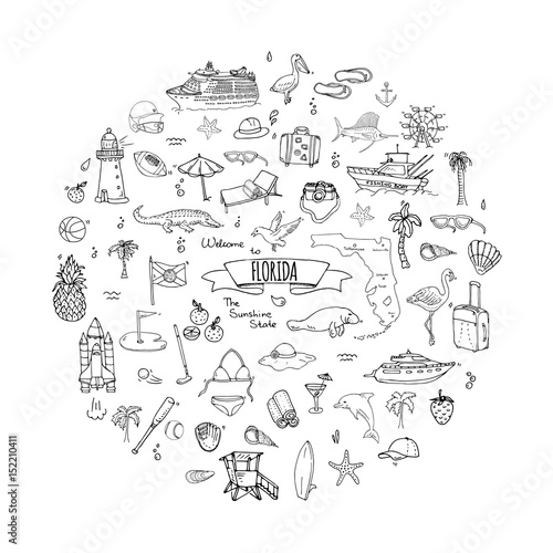 Hand drawn doodle Florida icons set. Vector illustration  isolated symbols collection of USA state  Cartoon elements Alligator Manatee Yacht Cruise sheep Fishing boat Golf American football Palm trees