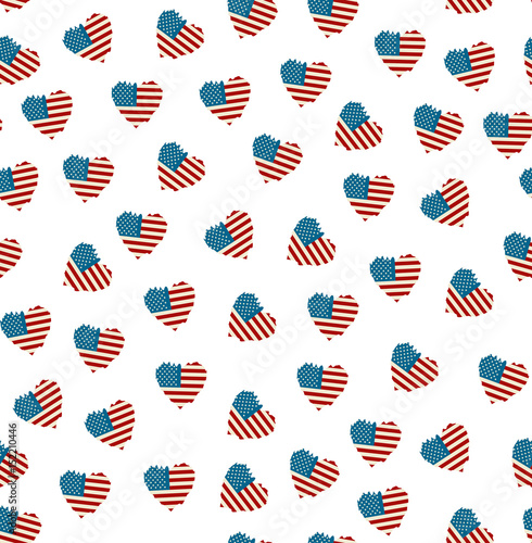 Vector cartoon seamless pattern of hearts with american flag for Memorial Day for gift wrapping paper, branding and covering.
