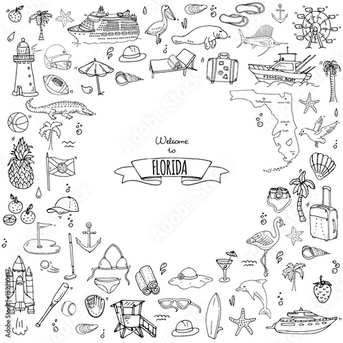 Hand drawn doodle Florida icons set. Vector illustration, isolated symbols collection of USA state, Cartoon elements Alligator Manatee Yacht Cruise sheep Fishing boat Golf American football Palm trees