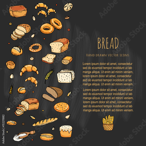 Hand drawn doodles of cartoon food: rye bread, ciabatta, whole grain bread, bagel, sliced bread, french baguette, croissant, sandwich, cake. Bread set. Vector illustration. Sketch elements collection.