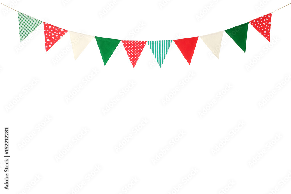 Hanging party flags isolated on white background, decorate items for festival, celebrate event