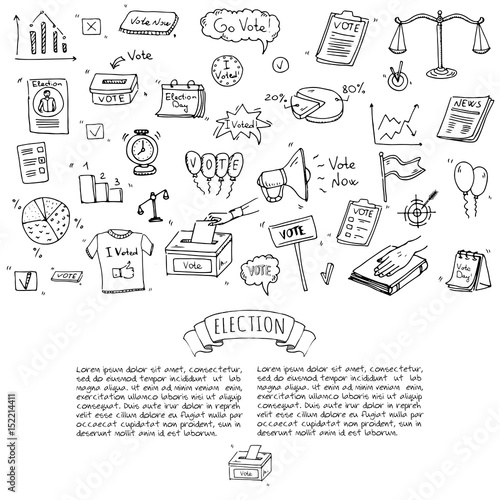 Hand drawn doodle Vote icons set. Vector illustration. Election symbols collection. Cartoon various voting elements: hand putting paper in the ballot box, speaker, scale, calendar, infographics, case.