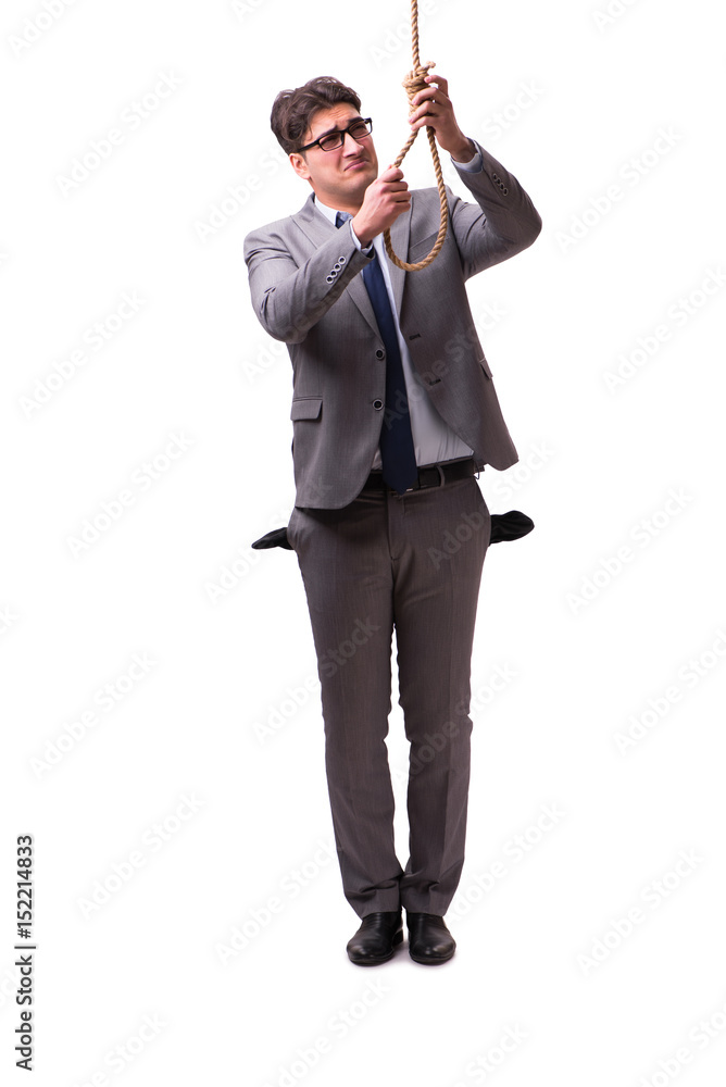 Bankrupt businessman hanging himself isolated on white Bankrupt businessman hanging himself isolated on white