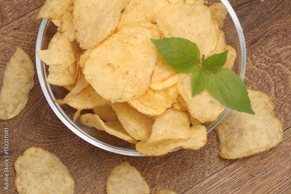 Potato chips in a glass plate Potato chips in a glass plate