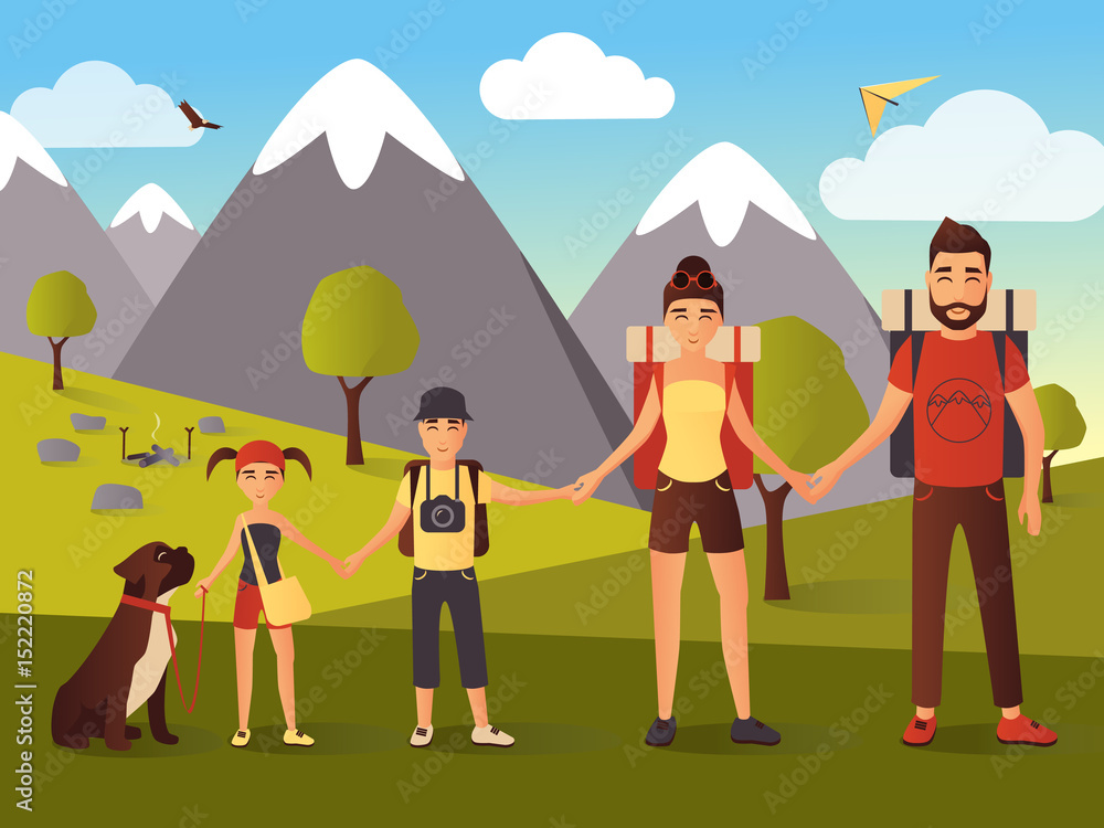 Vector flat illustration of happy family in the mountains