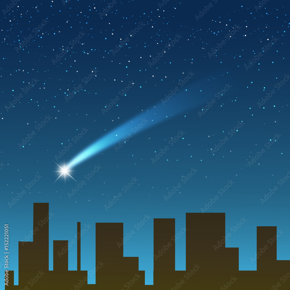 流れ星　閃光　彗星　ビル群　星空