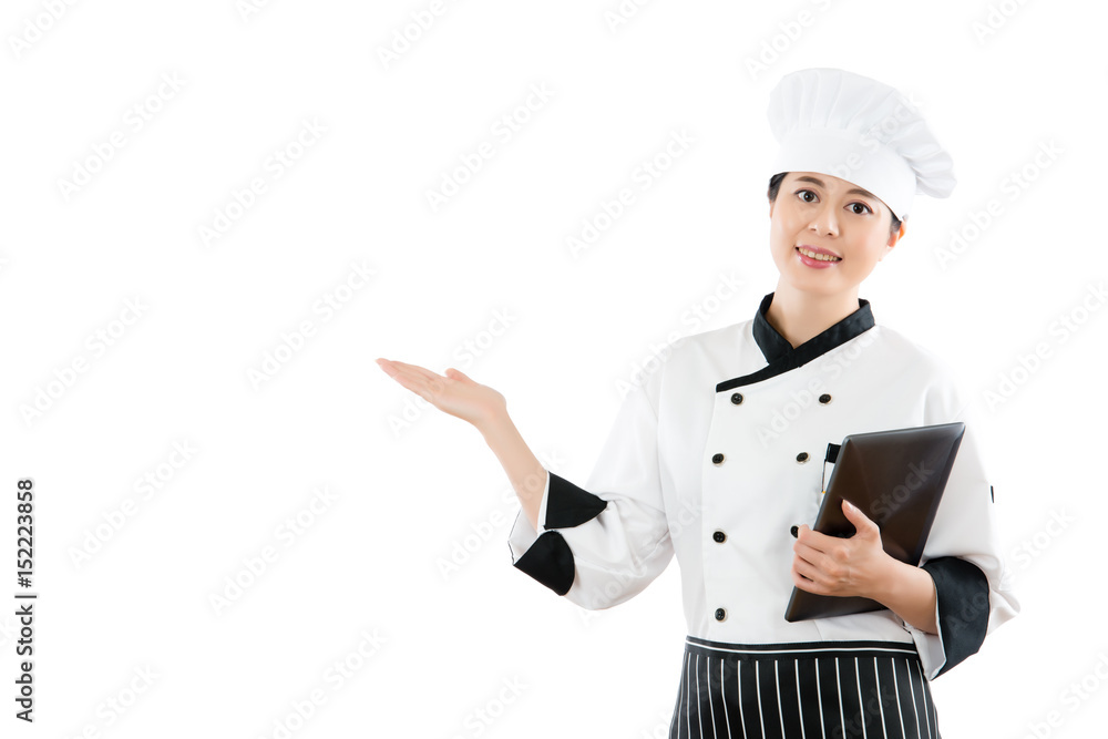 woman holding digital pad and showing woman holding digital pad and showing