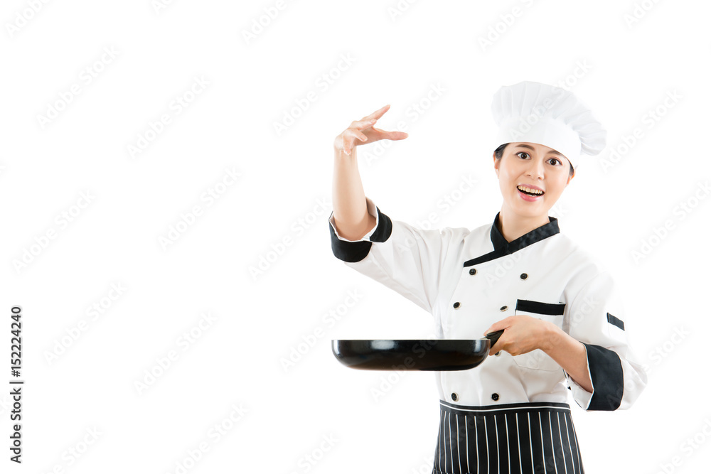 model holding a pan show chef sprinkling salt model holding a pan show chef sprinkling salt