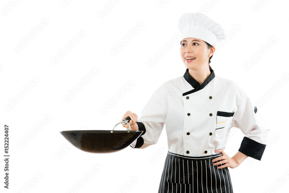 professional female chef holding a fry pot professional female chef holding a fry pot