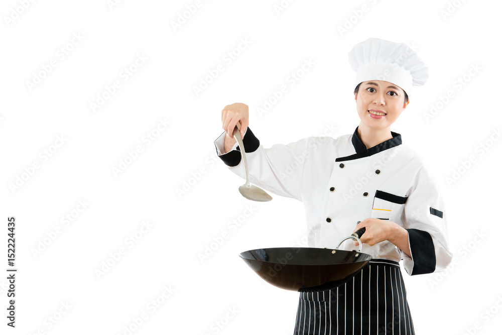 smiling chef holding wok with spatula cooking smiling chef holding wok with spatula cooking