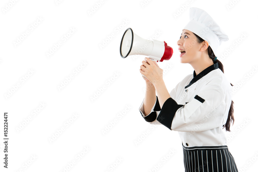 asian beautiful chef standing on the white wall asian beautiful chef standing on the white wall