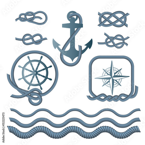 Marine symbols - a compass, an anchor, a rope knot, a rope.