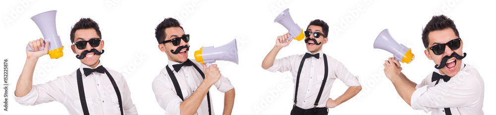 Fototapeta premium Emotional man with loudspeaker isolated on white