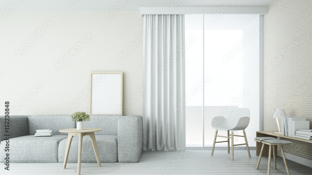 Fototapeta premium The interior minimal living space in hotel and decoration white background - 3D Rendering