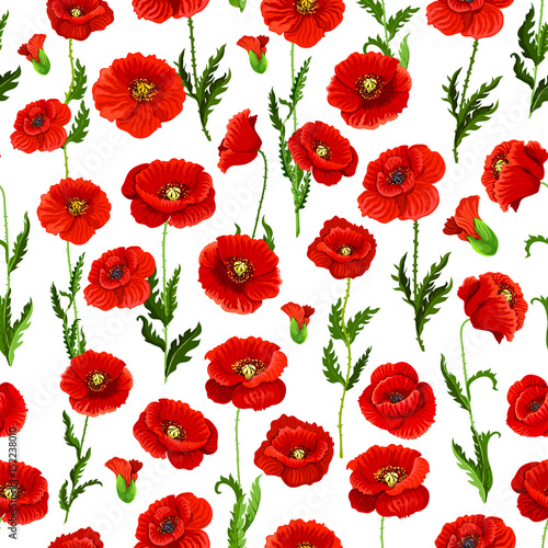Seamless pattern of vector poppy flowers bunch